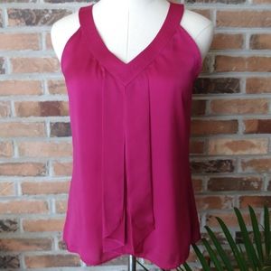 Ann Taylor Petite Magenta Hot Pink Pleated V-Neck Sleeveless Blouse SP Small c
